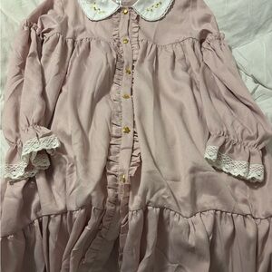 Elegant Pink Long Sleeve Dress with Lace Trim